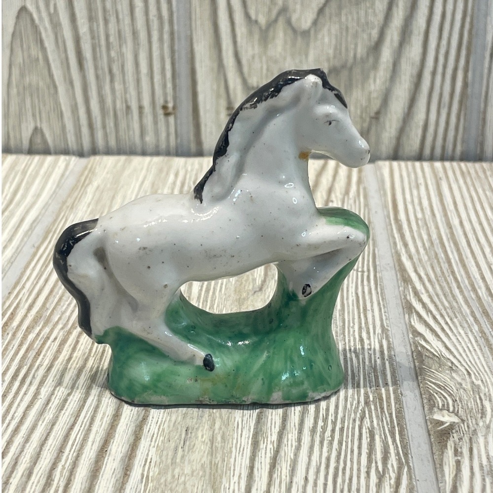 Vintage Miniature Porcelain Rearing Horse Figurine White Black Green 2.25 Inch